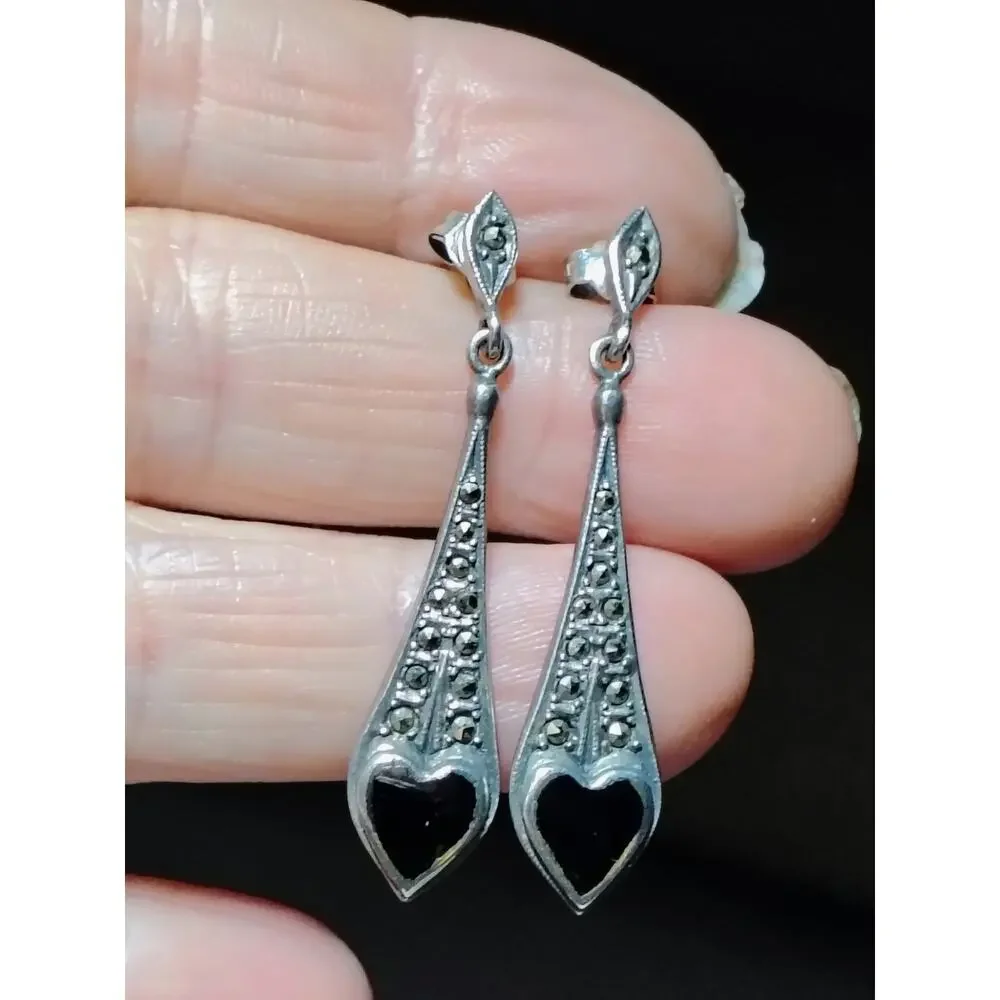 925 Silver Marcasite Black Heart Earrings
